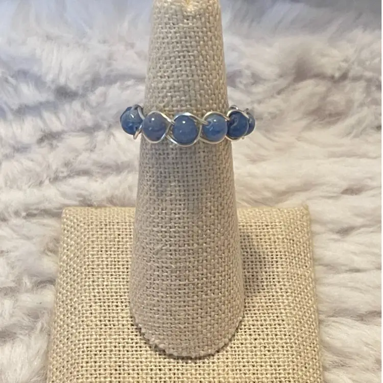 Blue quartz bezel wire wrapped bead ring. Size 6