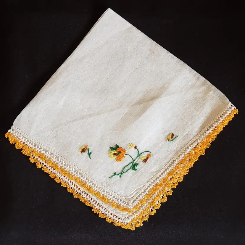 Handkerchief Floral Embroidered Embellishment & Tatted Edge Unbranded 11¾" Square Vintage