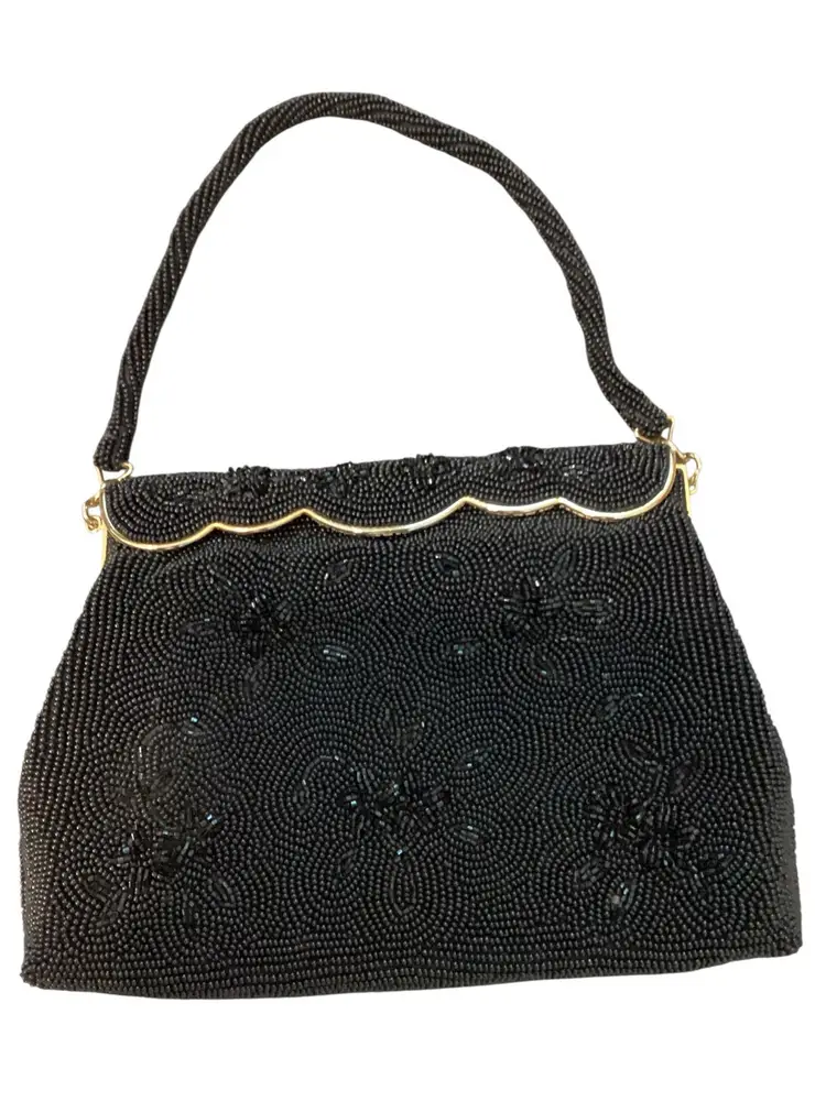 #01 Vintage Handbag Black Beaded Floral Evening Bag Purse Handbag & Coin Purse Japan