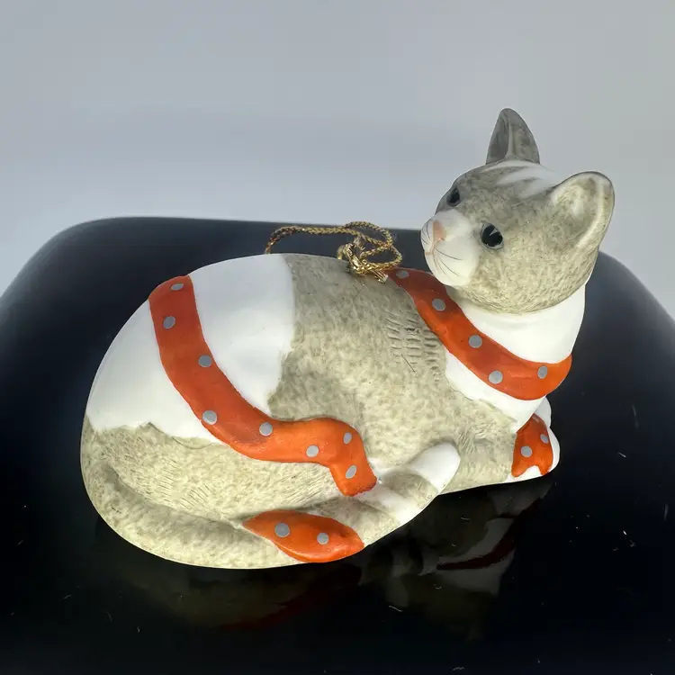 Silvistri Cat Kitten Ornament Red Ribbon by Mary Lake-Thompson Bisque Porcelain