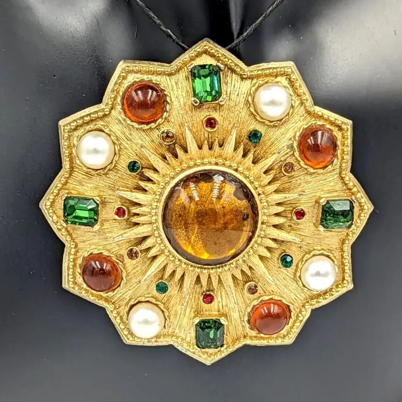 Brushed Gold Tone Statement Brooch/Pendant Unmarked Glass Cabochons Faux Pearl