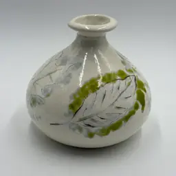 Art Pottery White Bulbous Round Bud Vase Hand Painted Botanical Green Leaf Motif
