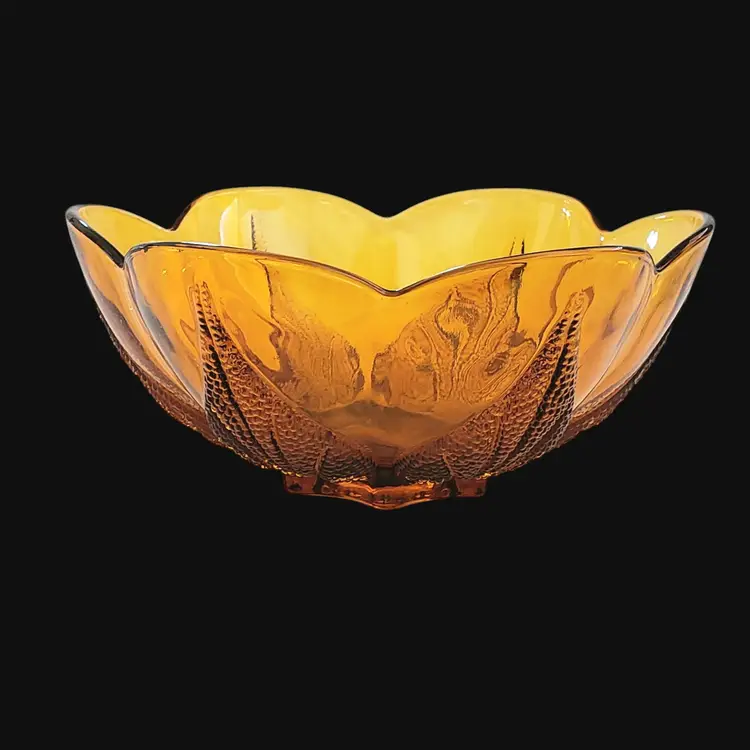 Art Glass Flower Petal Design Amber Color Indiana Textured Leaves 7¼" Diameter Approximately