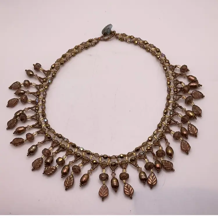 Gold Swarovski Crystal & Pearl Dangle Choker Necklace with Button Toggle Clasp Artisan Made 14”