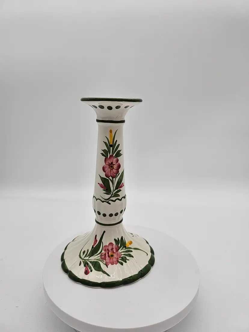 Portugal Hand Painted Ceramic Candlestick #187. 6.5" Tall Green Pink