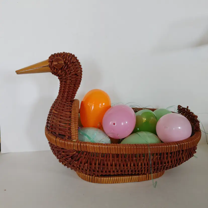 Wicker Duck Basket with eggs. 5.5w x 7h x 10d