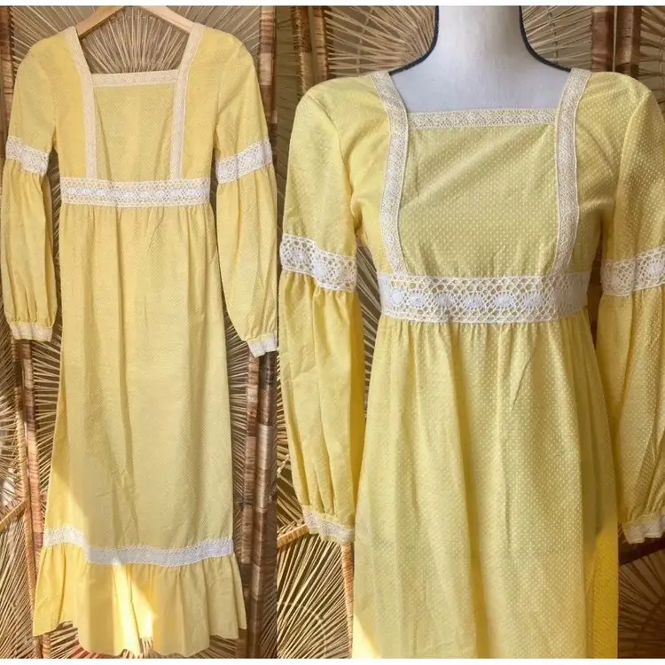 Vintage 1970s Yellow Swiss Dot Prairie Dress 