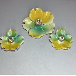 Yellow Flower Brooch 1 3/4” & Clipon Earrings 1/2” With Large Rhinestone Centers Painted Metal