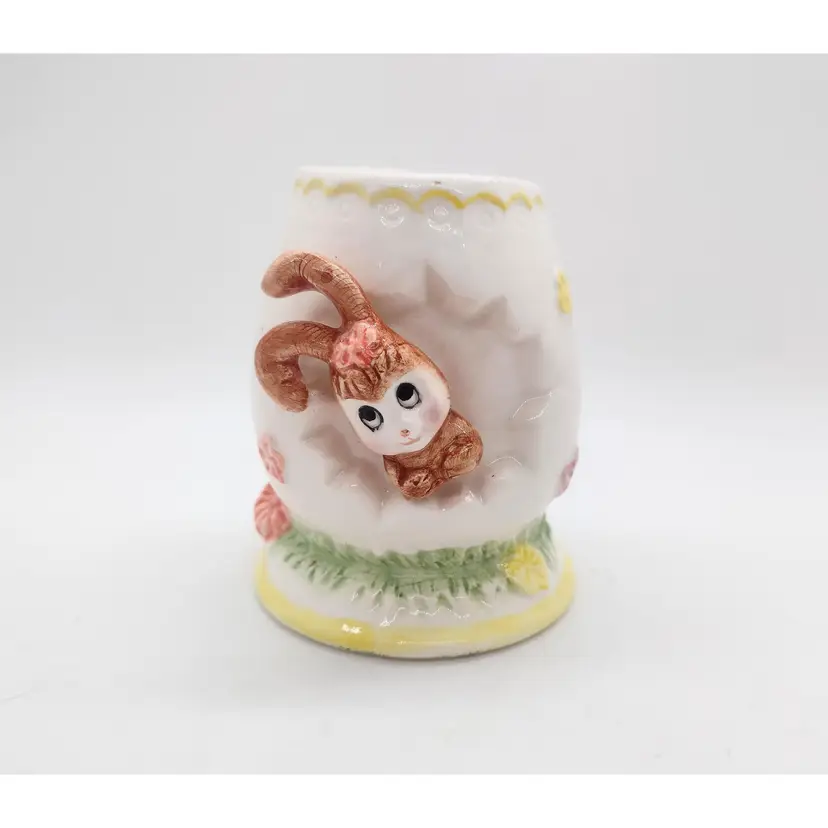 Vintage UCGC Taiwan Porcelain Egg Vase Hatching Bunny Rabbit Easter Handpainted