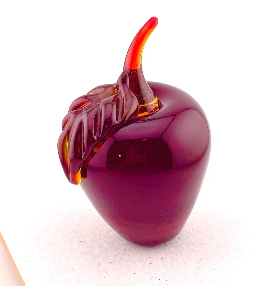 Vintage Large Red Glass Apple Paperweight with Hand Applied Leaf - Rare 5" tall x 3.5" wide Stem and Leaf Glow