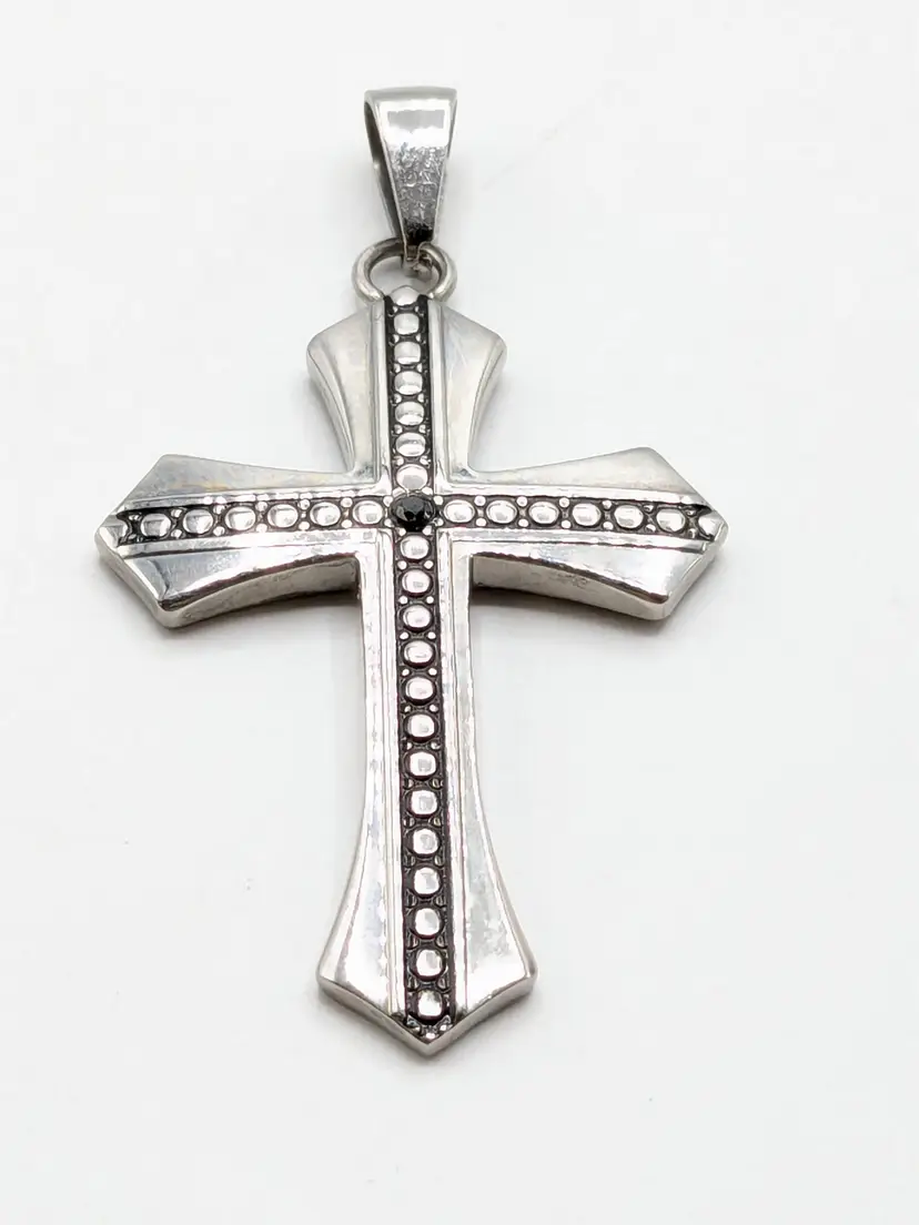 Silver Tone Cross Pendant Center Black Rhinestone Religious Jewelry