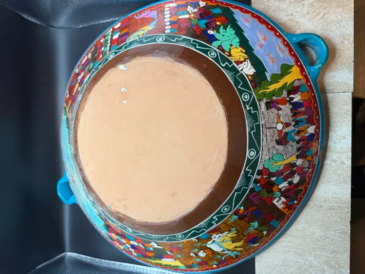 Hand-Painted Signed  Pottery Mexican Folk Art Wedding Bowl -15 In See note