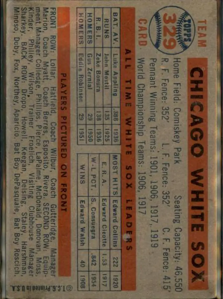 1957 Topps #329 Chicago White Sox - ( pk1-pm3cp ) - Chicago White Sox