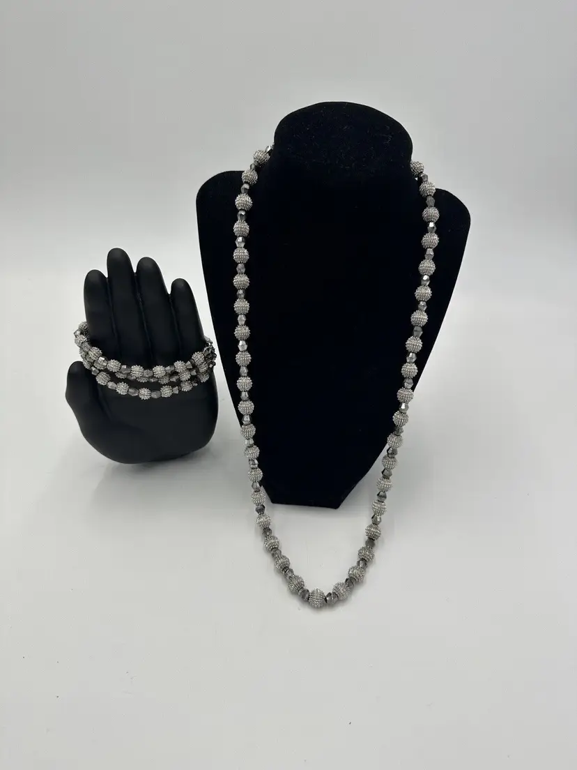 Crown Trifari Women's Jewelry Necklace And Bracelet Nubby Silver 26in Electra