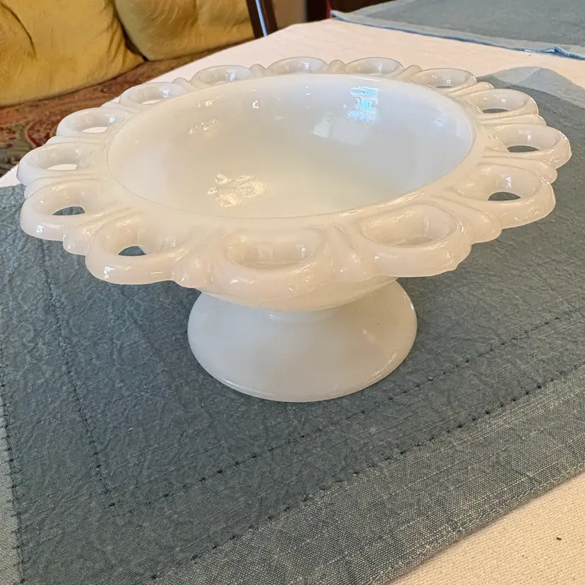 Vintage White Milk Glass Scalloped Lace Edge Compote Pedestal Fruit Dish