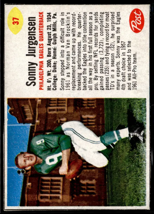 #155 Sonny Jurgensen 1962 Post Cereal #37 *LIVE AUCTION*