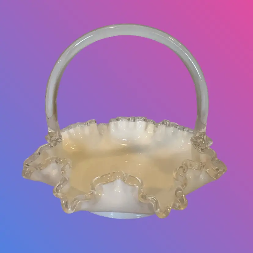 Vintage Fenton Silvercrest Glass Basket w/Crimped, Ruffled Edge & Bamboo Handle