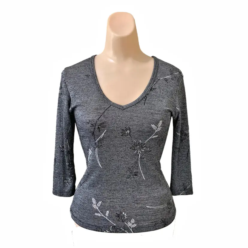 Timing Size Small Metallic Top Gray Floral Glittery V Neck Made USA Vintage