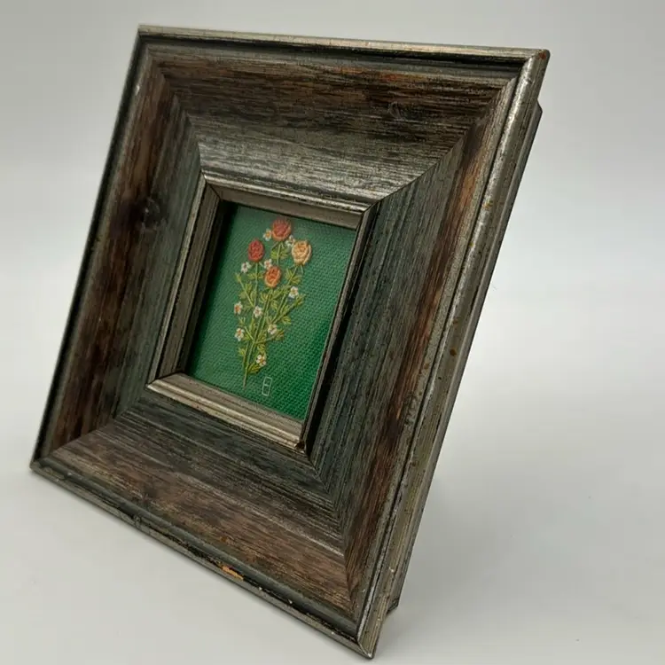 Vintage Embroidery Stitch Floral. Green Orange, White And Yellow Background Green. In Wonderful Condition. The Frame Has Hint Of Green Brown.