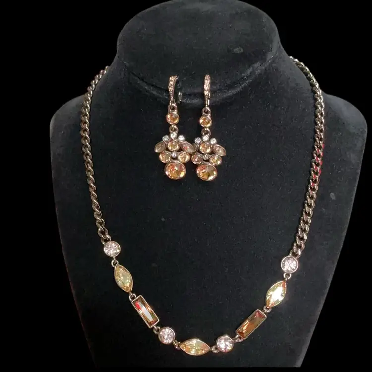 Gorgeous Modern  Bronze Tone Necklace / Choker And Matching Pierce Lever Back Candle Earrings. Beautiful Citrine & Amber Color Glass Rhinestones. Toggle Closure ~Signed Givenchy