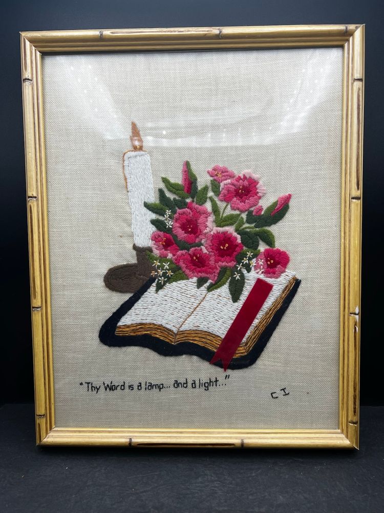 #488B Vintage Framed Handmade Embroidered  Crewel Picture Of A Bible With A Bouquet Of Pink Flowers And A Candle To The Side. The Scripture ‘Thy Word Is A Light… And A Lamp’ Across The Bottom.