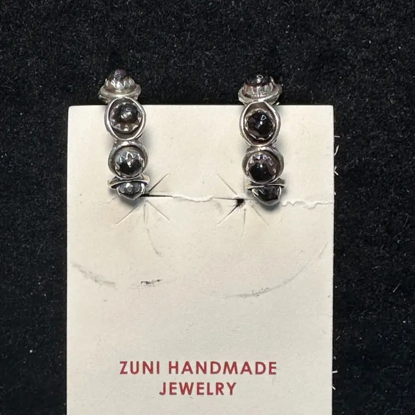 Sterling 925 Zuni Native American Black Onyx Stone Hoop Earrings Pierced