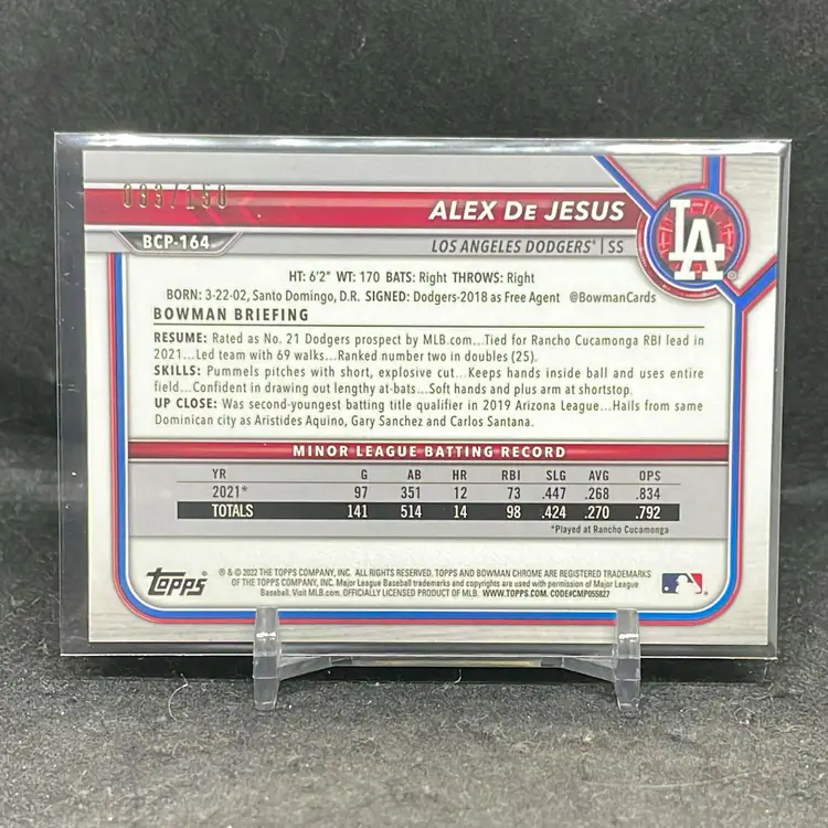 Alex De Jesus 2022 Bowman Chrome 1st Blue Refractor /150 Los Angeles Dodgers