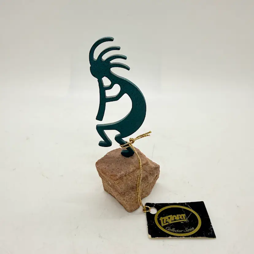 Kokopelli Lazart Enameled Metal Art Figurine Green Southwest Sandstone 4.25" Tag