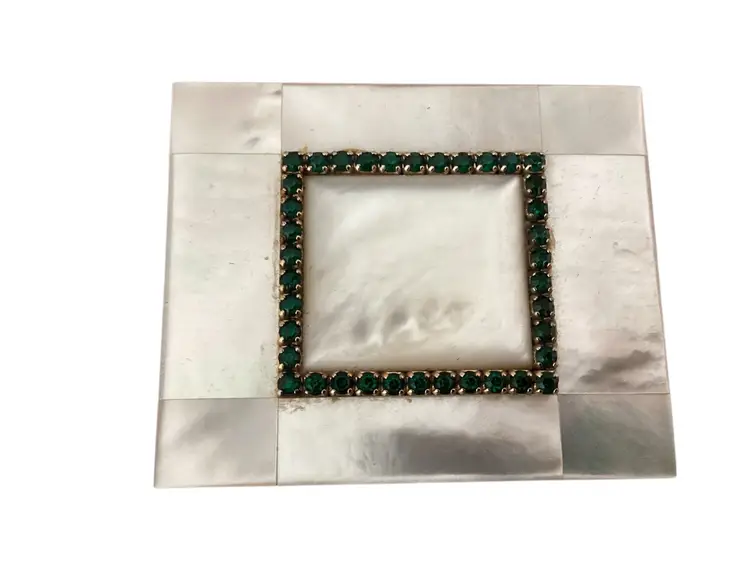 Mother Of Pearl MOP American Beauty By Elgin American Green Rhinestone Crystal Makeup Powder Compact,