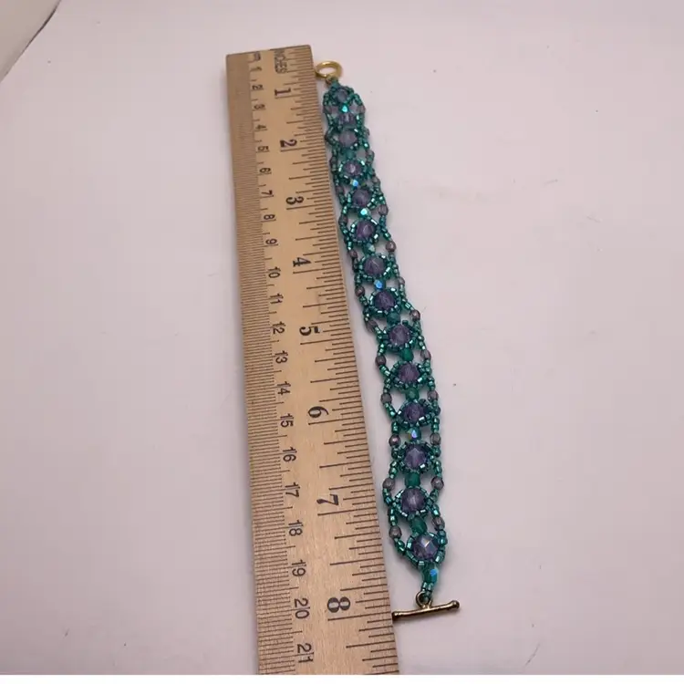 Purple Swarovski & Blue Crystal Bead Bracelet with Toggle Artisan Made 8”