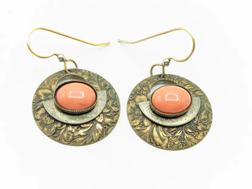 Southwest Cabochons Etched Metal Copper Brass Tone Pierced Earrings