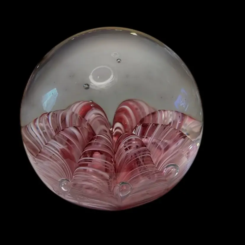 12. Paperweight Peacock Glass Flower Swirl Pink White Elwood 2.75 inch