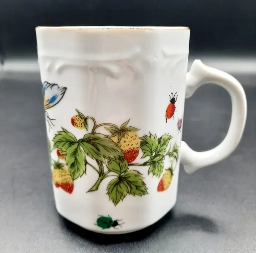 Vintage Strawberry Butterfly Ladybug Porcelain Mug Cup