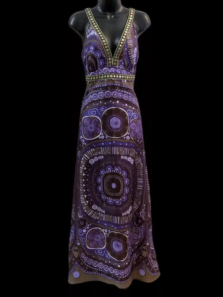 Women’s Vintage ITW Violet Purple Green Paisley Pure Silk Y2K Full Length V Neck Sleeveless Maxi Dress US Size 8/M