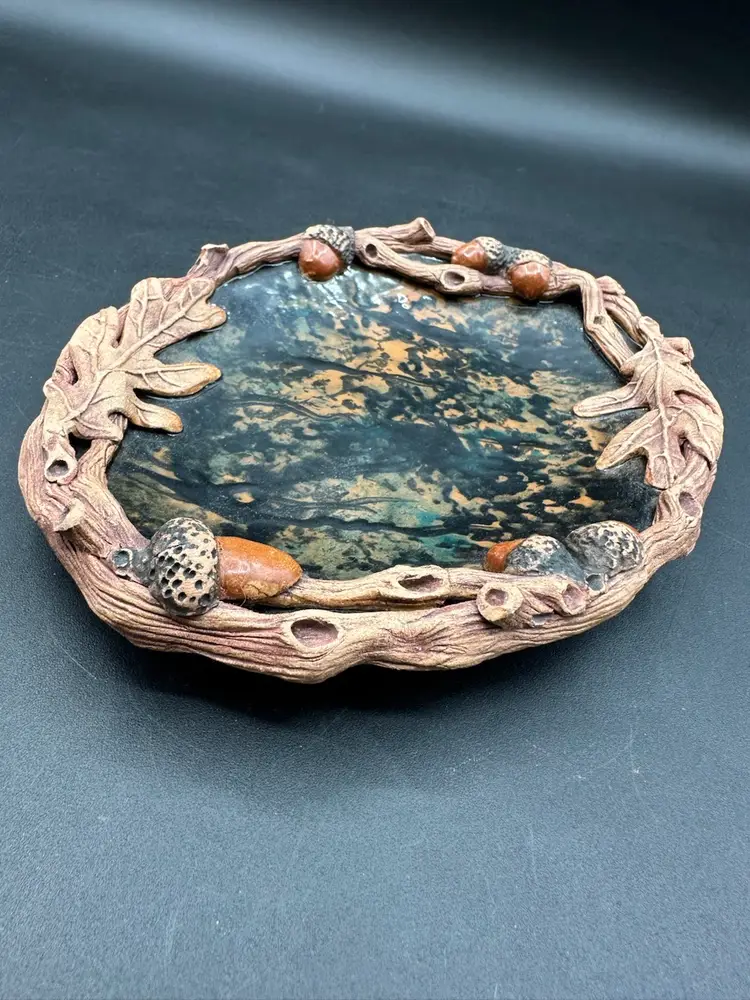 Gorgeous Autumnal Handcrafted Acorn & Branch Glazed Display Dish 8”L 5”W Signed