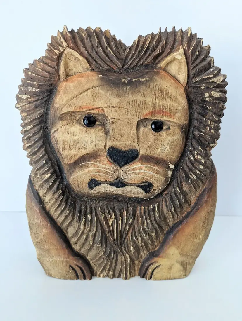 VTG Hand Carved in Philippines Wood Lion Sculpture MCM Style Signed James Haddon