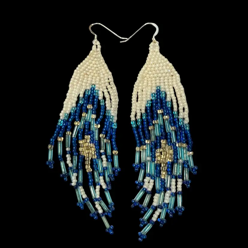 Vintage Handmade Sterling Ear Hooks Southwest Boho Glass Seed Bead Shoulder Duster Earrings 4.5”