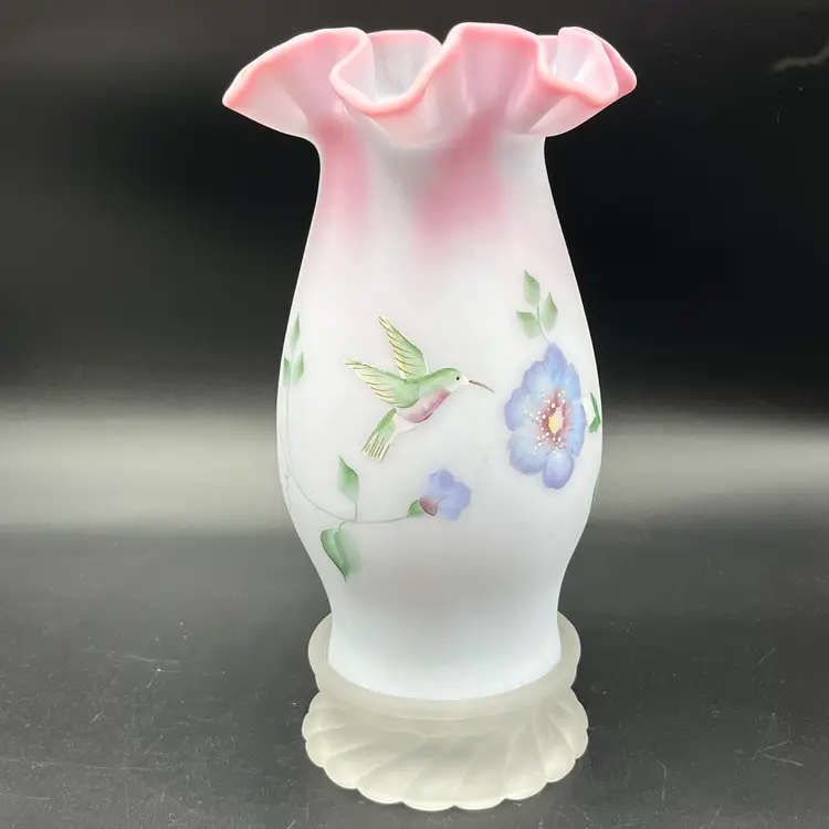 Fenton Blue Burmese Hummingbird Hurricane Lamp Shade Candle Holder Hibiscus