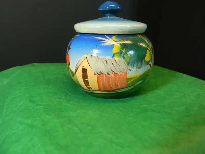 Folk Art Wooden Trinket Jar ( 3 1/4 W x 3" H with lid )