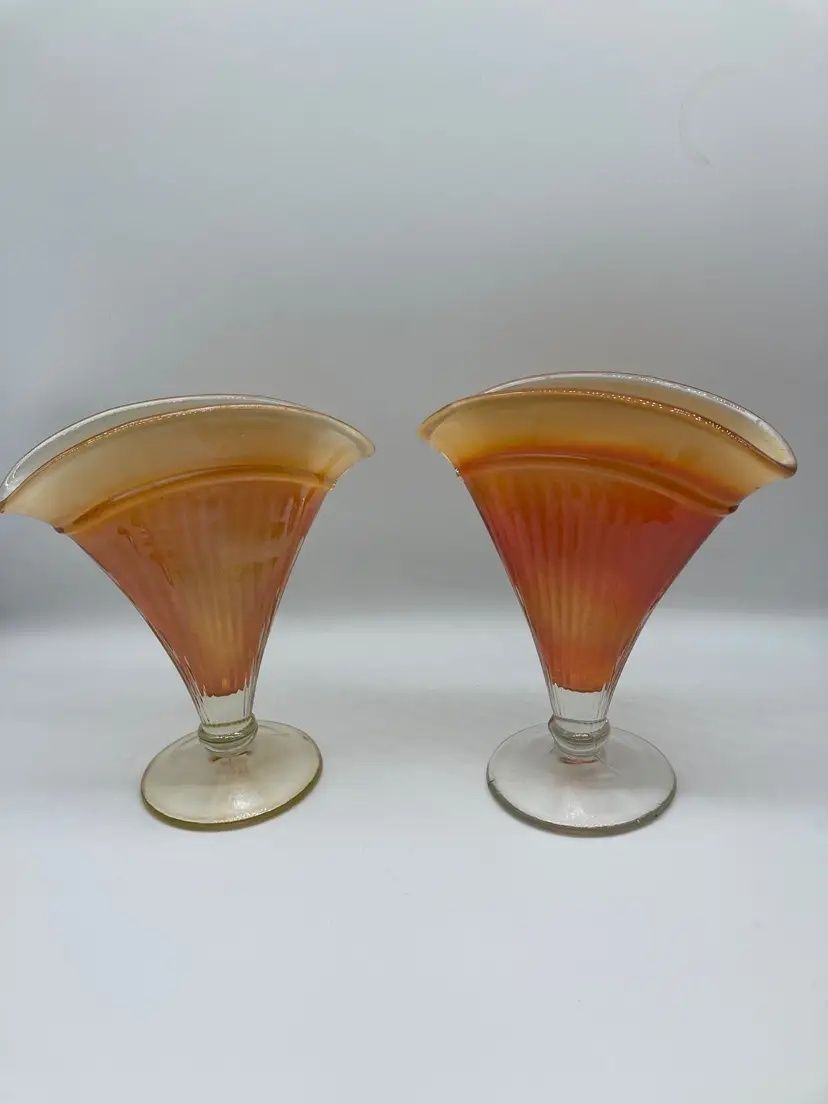 2 Mismatched Vintage Dugan Marigold Carnival Glass Adam's Rib Fan Vase Art Deco 6.5" tall