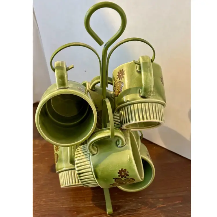 SET OF 6! Mid-Century Green Stackable Mugs Brown Butterfly Flower w/METAL HOLDER