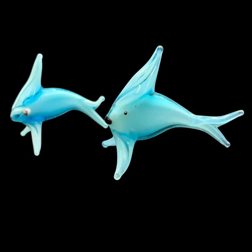 Handcrafted Glass Angel Fish Figurines Pair Of Blue Fish 1” & 1.25”
