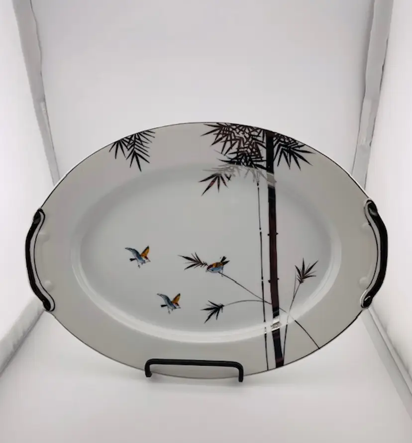 Vintage Kotani Porcelain Serving Platter Features Birds and Bamboo with Silver Trim 12" x 9"