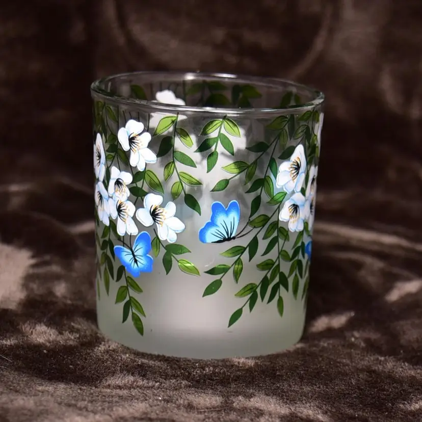 Glass Candle Cup W/Battery Light White Flowers and Blue Butterflies