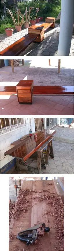 Outdoor tables, benches and storage.