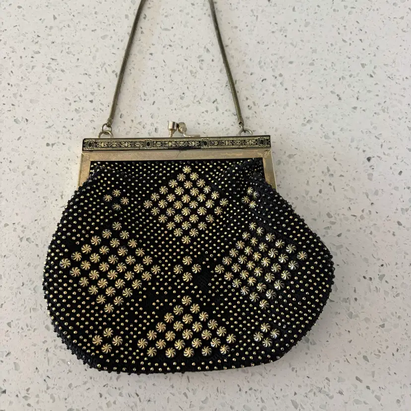 Vintage 7x6” 1970’s Black/gold Toned Clutch (missing Some Beads)