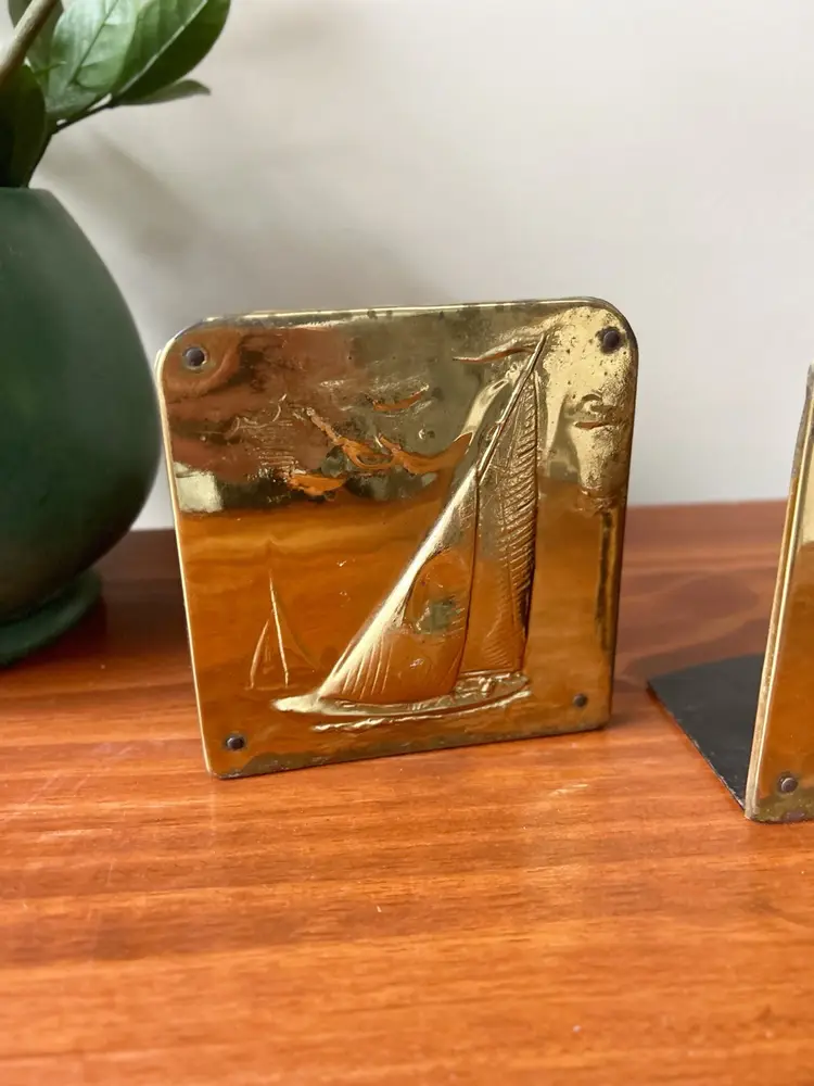 Vintage Brass Sailboat Bookend Set Nautical Lake House Decor