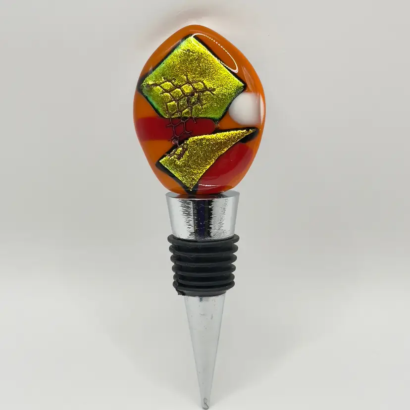 Wine Bottle Stopper, Handcrafted Fused Glass Barware, Vibrant Abstract Design, Unbranded