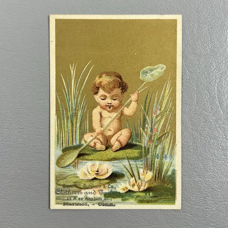 Victorian Trade Card Baby Lily Pad Hartford CT Gemmill Burnham & Co Clothiers