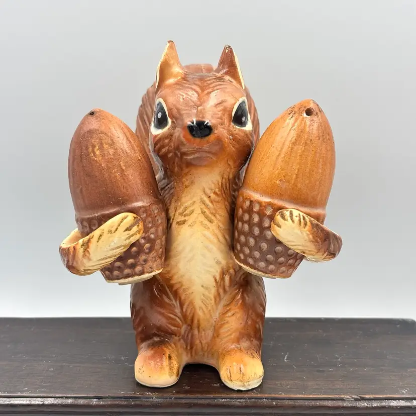 Vintage Squirrel Holding Acorns Salt & Pepper Shakers- 3 Pieces 4.5”